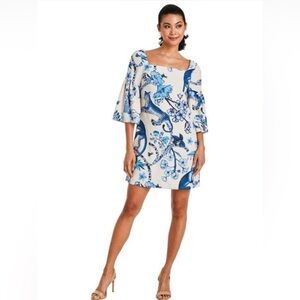 Mestiza New York Vivienne Mini Dress in the blue and ivory monkey toile print